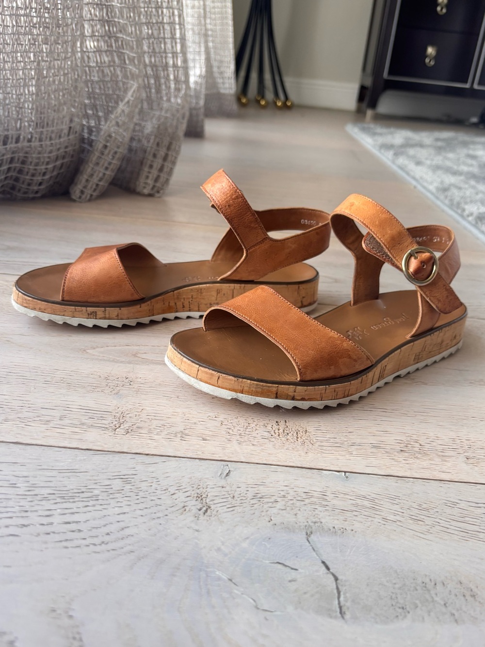 Paul Green Tan Leather Cork-Platform Sandals with Gold Buckle - Picture 2 of 8